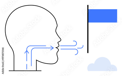 Communication, goal achievement, decision-making, persuasion, self-expression, process visualization. Outline of a human head, arrows highlighting speech flow blue flag a goal. Communication