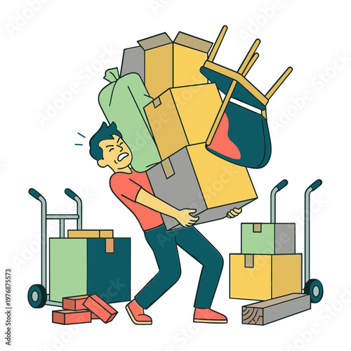 Man struggles to move heavy luggage and boxes on a dolly outdoors