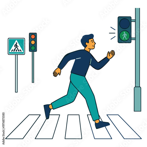 Man crosses street on foot at traffic signal