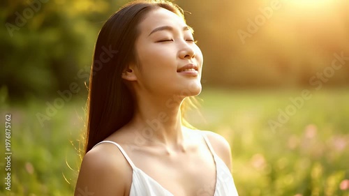 A serene young woman with long dark hair closes her eyes and tilts her head back, basking in the warm sunlight filtering through a lush green meadow.