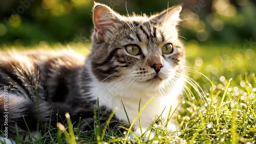 A fluffy tabby cat rests peacefully in the green grass during a bright sunny morning