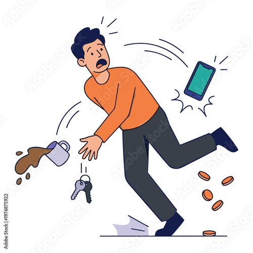 Man slipping on coffee spill while dropping phone and keys