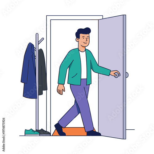 A man enters through an open door into a room with a coat rack.
