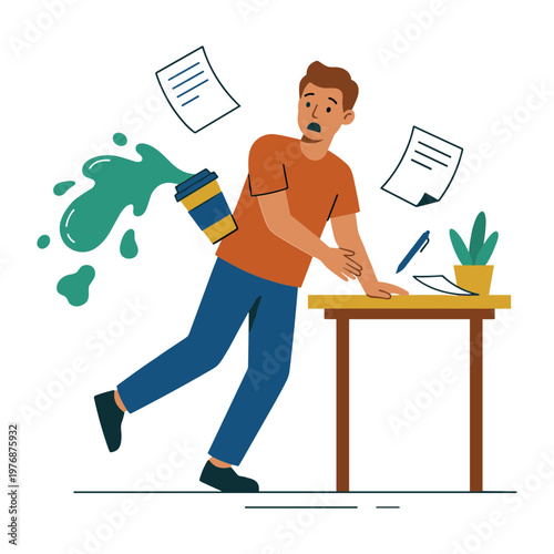 Man spills liquid while working at office desk with papers