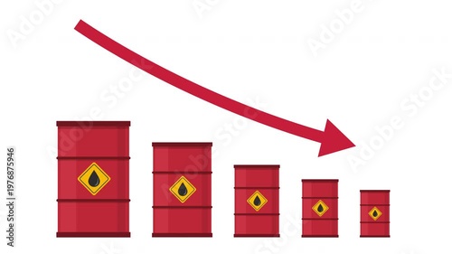 Oil barrels with red arrow points downward, Gasoline shortage