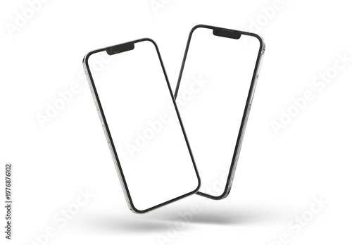 Two modern smartphones isolated on transparent background. Floating mobile phones silver color. 3D rendering