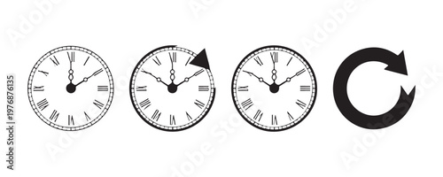 Vintage roman numeral clock dial collection with circular refresh arrows for time management and restoration.