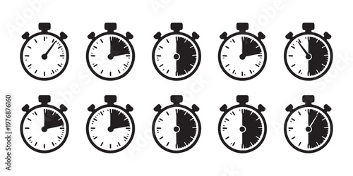 Set of ten black stopwatch icons with varying amounts of elapsed time on a transparent background.