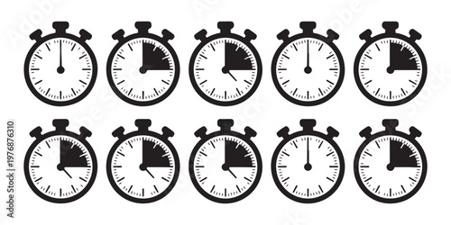 Collection of ten black stopwatch icons showing elapsed time with transparent background effect.