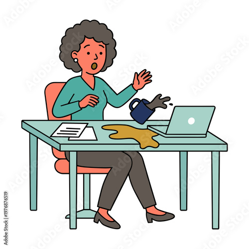 Woman spills coffee on laptop and papers at office desk