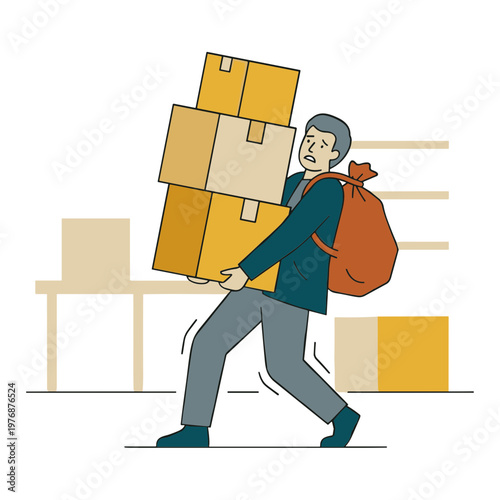 A man carrying multiple boxes while walking quickly indoors with a backpack.