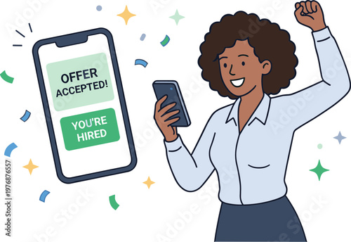 Woman celebrates job offer on phone with confetti around her