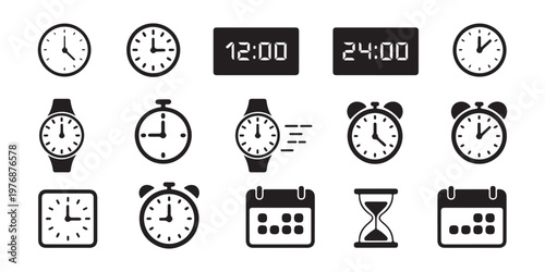 Time management icon set featuring wall clocks wristwatches stopwatches hourglass and calendars for business.