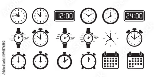 Chronometer and time tracking vector icons including digital clocks stopwatches and calendars for mobile apps.