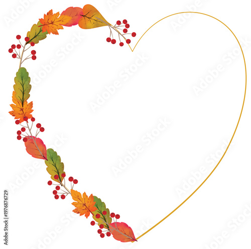 Elegant heart frame decorated with autumn leaves in orange, red and green tones plus small red berries. Minimal design on white background. for thanksgiving, fall, harvest and seasonal decoration