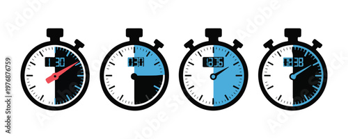 Stopwatch collection showing different time intervals with blue highlights and digital display on background.