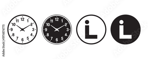 Analog clock icons set featuring various styles and circular letter branding elements for timekeeping themes.