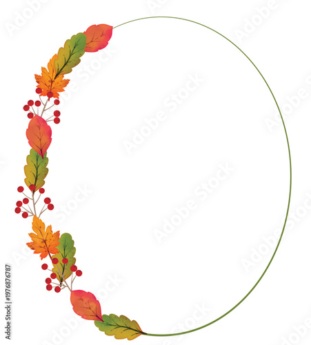 Oval frame decorated with colorful autumn leaves and red berries. Warm fall colors on white background. Ideal for thanksgiving, harvest, autumn greeting cards, invitations and seasonal projects.
