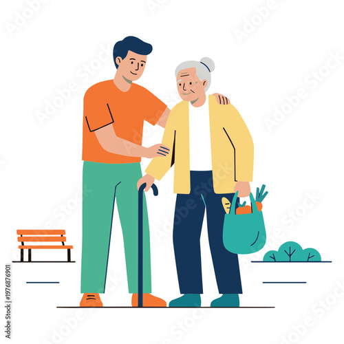 A young man assists an elderly woman walking in a park.