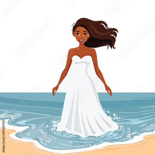 Woman in white dress wading in ocean water at beach cartoon illustration
