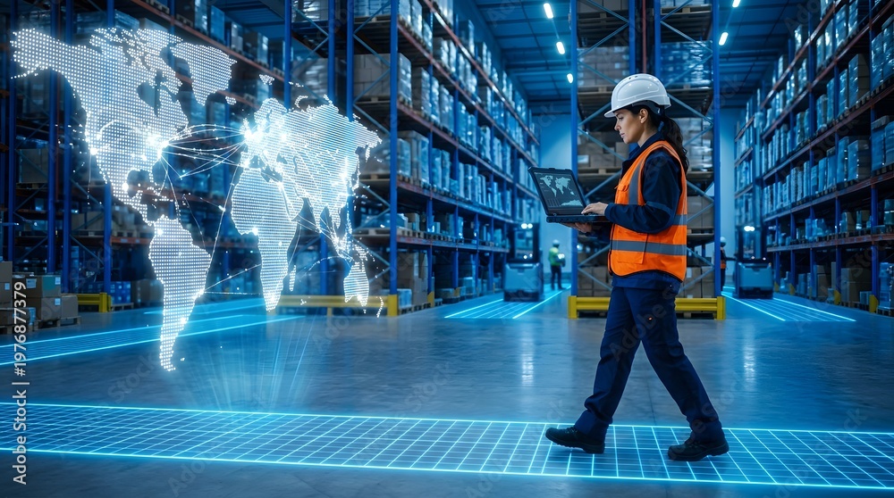 Obraz premium Female logistics manager in safety gear walking through a modern warehouse with a laptop, featuring a glowing digital world map hologram and futuristic blue floor grid overlay.