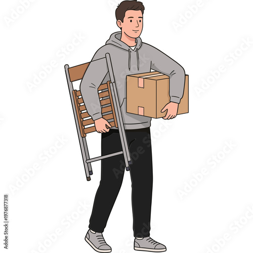 Man carrying chair and cardboard box through indoor location with furniture