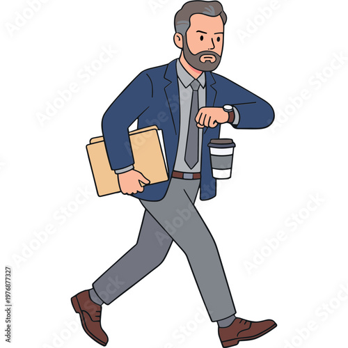 Businessman hurries to meeting with briefcase and coffee in hand quickly.