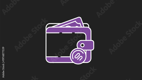 Purple Wallet with Cash and Coin Icon on Black Background.