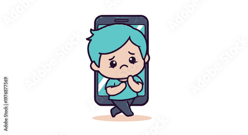Sad Cartoon Boy Trapped Inside a Mobile Phone Screen.