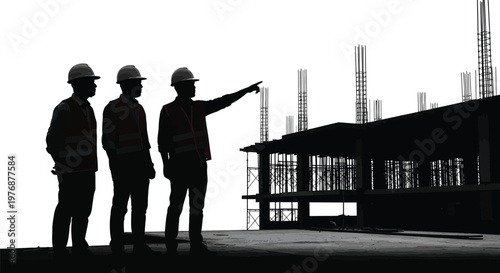 Three construction workers in hard hats and vests standing on a building site pointing at structure