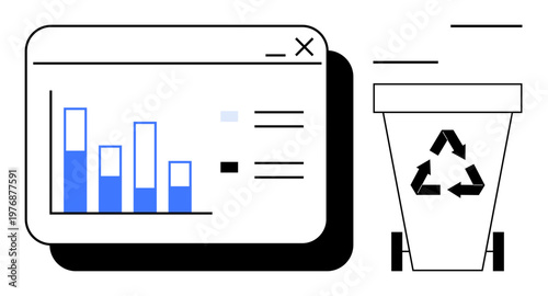 Data management, sustainability, recycling awareness, waste reduction, eco-friendly solutions, business reports. A digital chart beside a recycling bin. Data management and sustainability concept