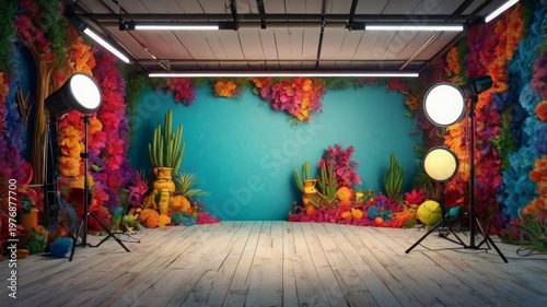 Vibrant studio set with colorful decor and lighting photography