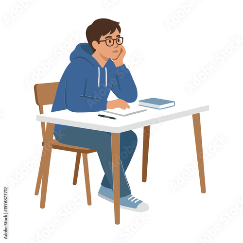 A bored student sits at a desk with books and a notebook.