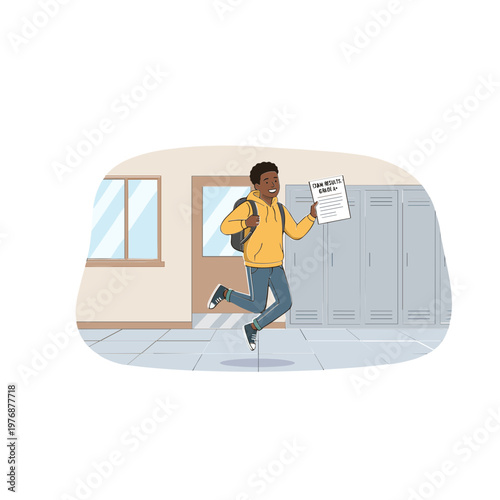 A student runs down a school hallway holding papers near lockers.