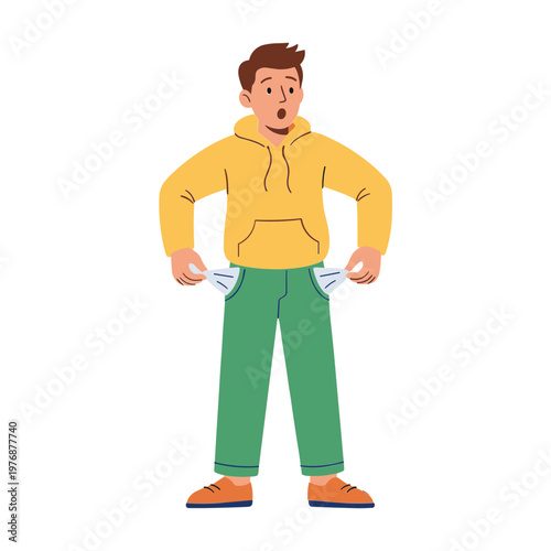 Man in yellow hoodie shows empty pockets with surprised expression standing