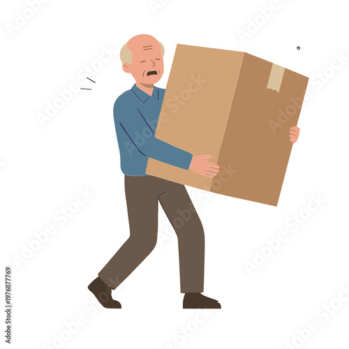 An older man struggles to move a large cardboard box quickly outside