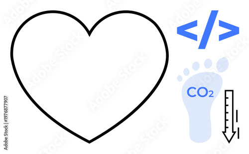 Environmental issues, sustainability, climate change, carbon tracking, programming, ecological footprint. Heart outline, CO2 footprint coding angle brackets thermometer icon. Sustainability