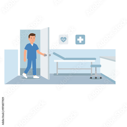 A doctor enters a hospital room with a medical bed and equipment.