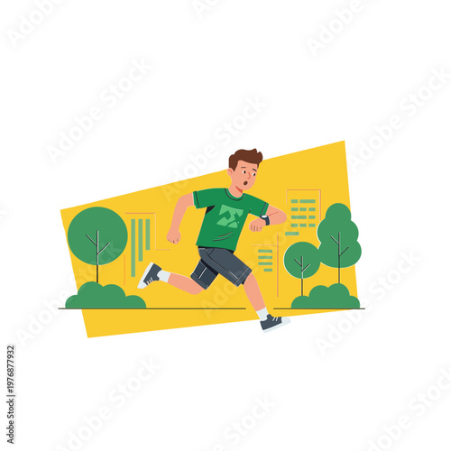 A man runs quickly through a park with trees and greenery around him.