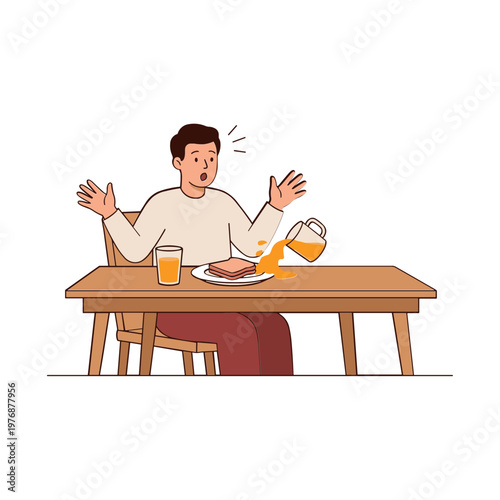 Man spills juice on table while eating breakfast surprised