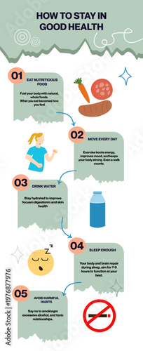 Five Tips Health infographic illustration. 5 Health Tips for a Fit and Healthy Body at Home
