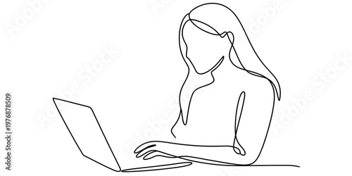 A minimalist single line drawing illustration of a woman working on her laptop computer device