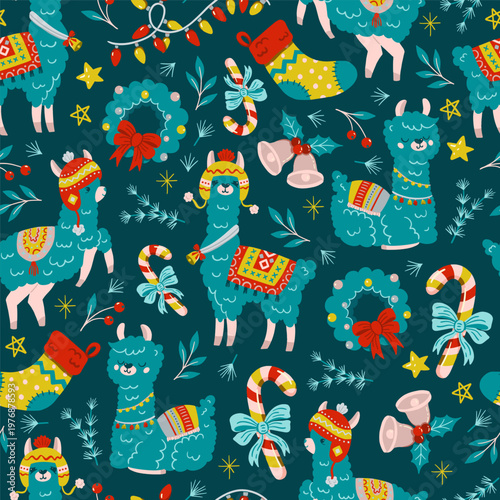 Christmas Lamas Vector Seamless Pattern