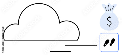 Cloud storage, online payments, finance tracking, budgeting, e-commerce, digital mobility. A cloud icon, dollar symbol on a bag and footprints. Cloud storage and online payments ideas