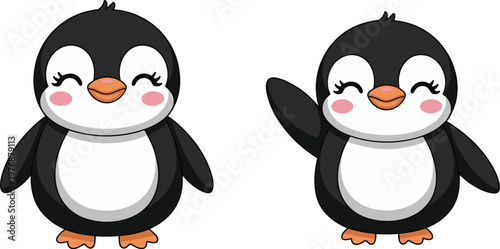 Cute baby penguin cartoon characters standing and waving, flat vector illustration for kids nursery and education