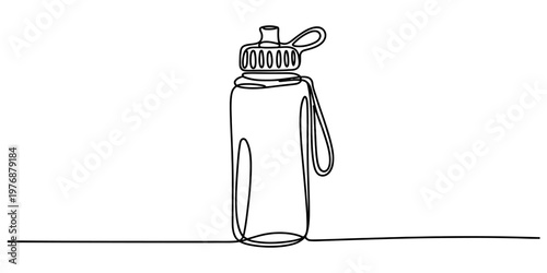 A single continuous line drawing of a reusable sports water bottle isolated on white background
