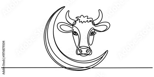 A single continuous line drawing featuring the head of a cow positioned against a crescent moon