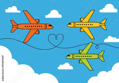 Cartoon Airplanes Flying in Blue Sky with Heart Shaped Vapor Trail, Travel Romance and Aviation Tourism Vector Illustration