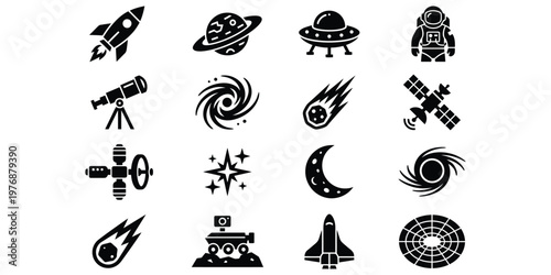 Collection of outer space symbols featuring satellites, comets, stars, and observatory elements, ideal for educational, science, and futuristic design projects.