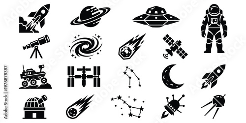 Creative space icon set with planets, spacecraft, astronaut, and cosmic elements, clean vector silhouette style suitable for apps, web, and educational visuals.